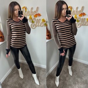 CAbi Swanky tan and black striped long sleeve top size Medium